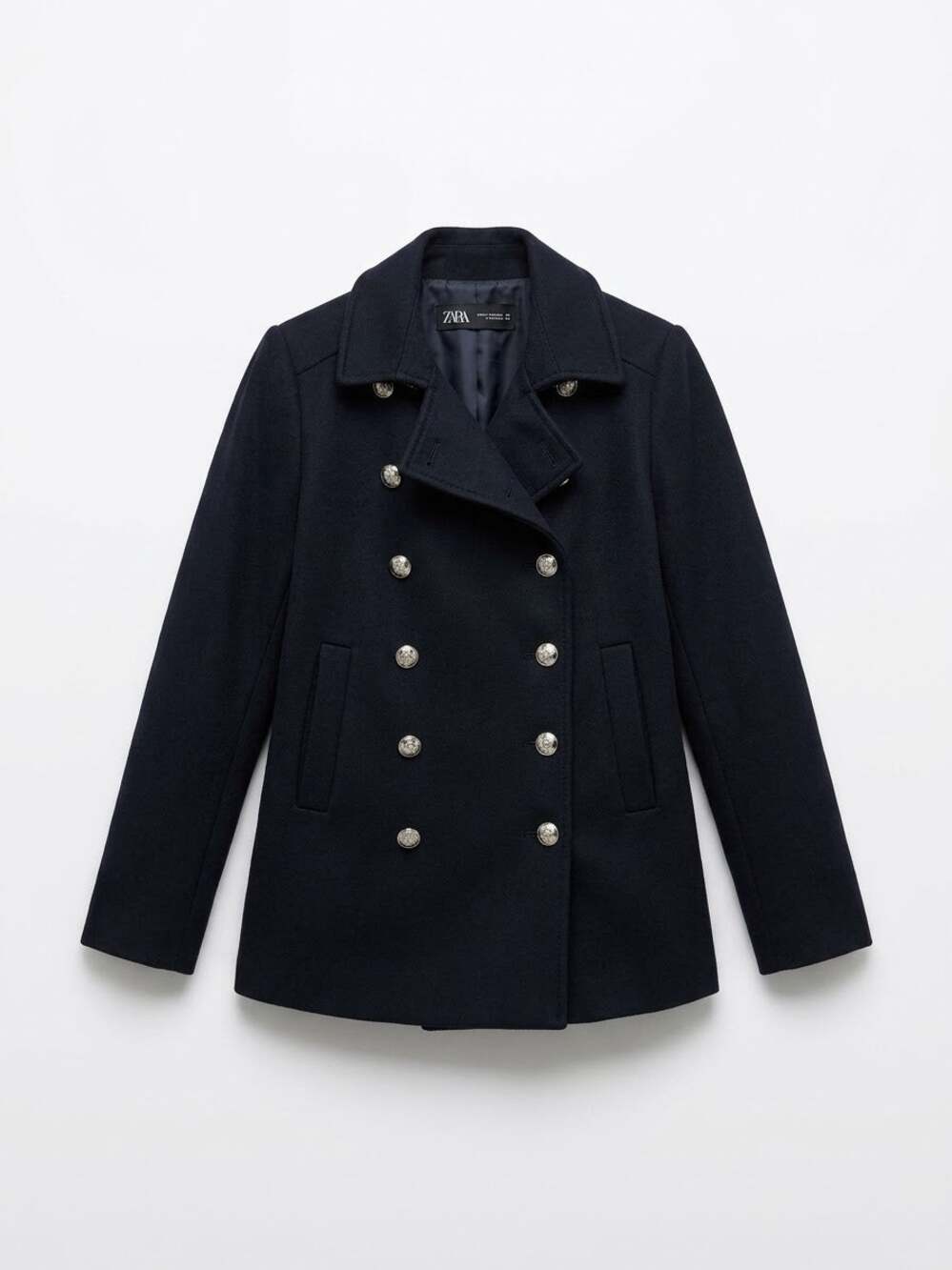 Zara Woman XS Black Wool Blend Double Breasted Peacoat Gold Crest Buttons Jacket